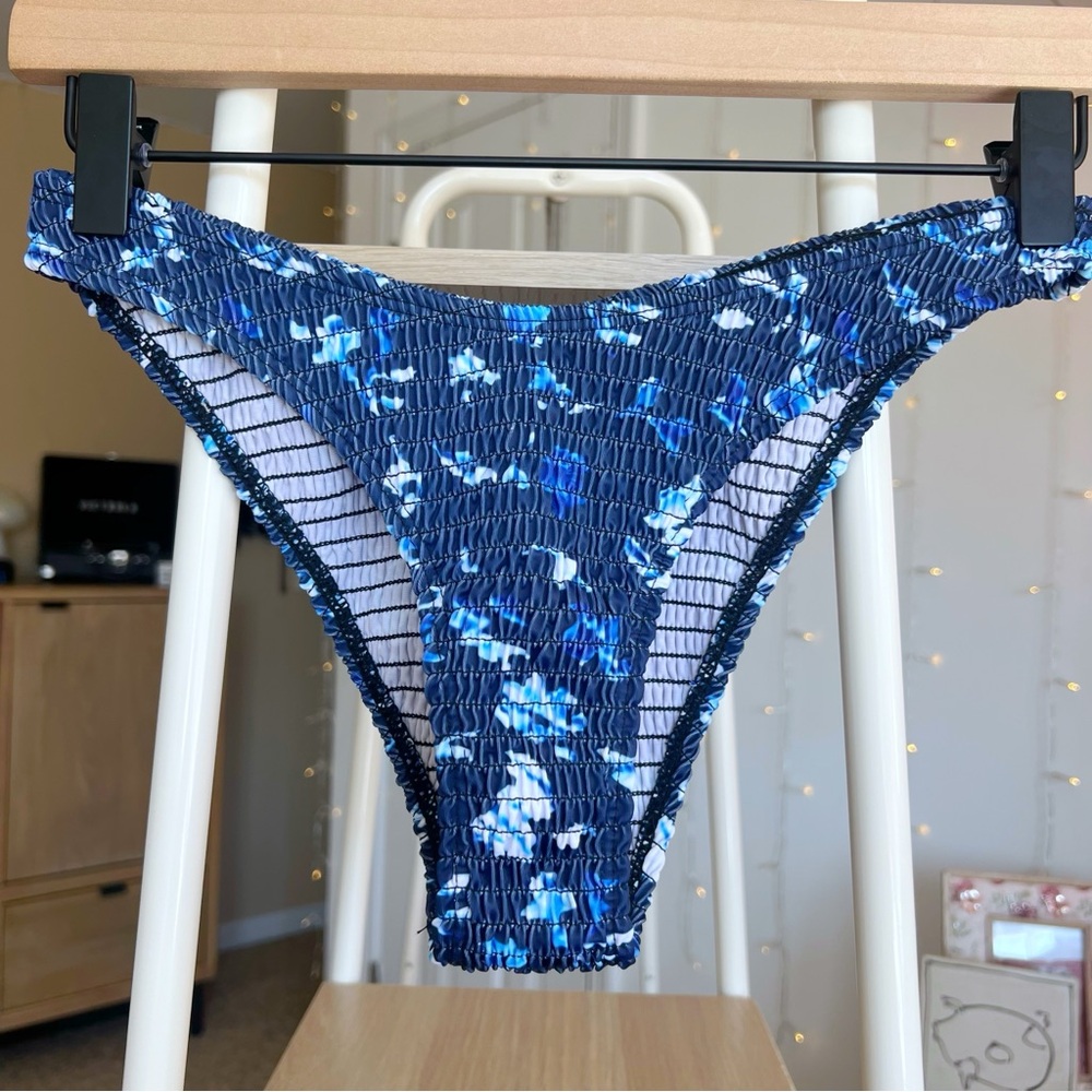 Navy Blue Floral Ribbed High Waisted Cheeky Bikini Bottom Small